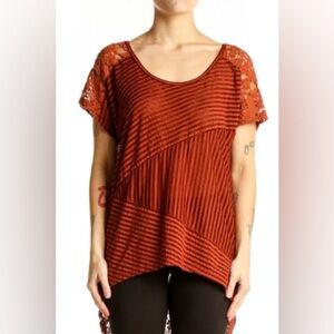 Free People rust lace striped hi low shirt size small boho